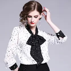 2019 новая весенняя и летняя модная женская шифоновая рубашка с воротником-бабочкой, брендовая рубашка с длинными рукавами для девочек