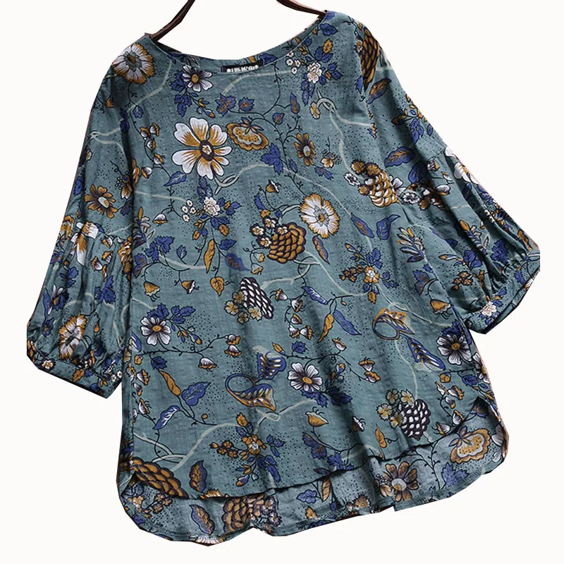 

2019 Oversize Women Tops Spring Harajuku 3/4 Sleeve Loose Shirts Plus Size Black Blouses Retro Print Cotton Linen Shirt 5XL