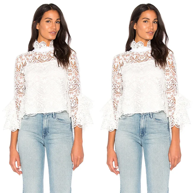 2019 New Style Fashion Summer Flare Sleeve Lace Floral Hollow Out Tops Sexy O-neck White Blouses Ladies Casual Shirts |