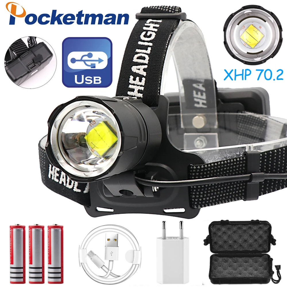 

82000LM USB Rechargeable LED headlamp xhp70.2 powerful Headlight XHP70 Zoom high power fishing headlamp torch Headlight Camping