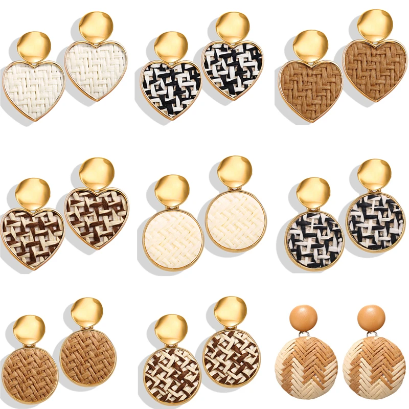 

Fashion Geometric Summer Straw Rattan Earrings For Women 2019 New Round Heart Korean Rattan Knit Drop Earrings Female Jewelry