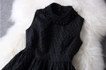 Pearl Dress 2016 Spring Summer Fashion Slim Stand Collar Lace Beading Mid Waist Sleeveless Party Dresses Female S-2XL #4006