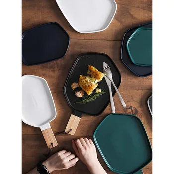

ceramic dinner plates creative Matte white green black under glazed wooden handle steak plate Europe simple style ins popular