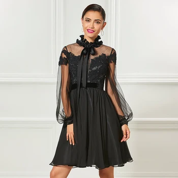 

Tanpell black short cocktail dresses long sleeves above knee a line gown women appliques homecoming plus custom cocktail dress