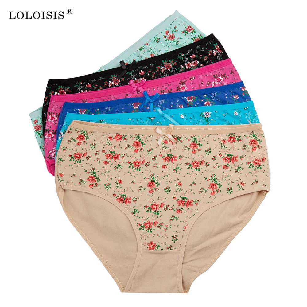 LOLOISIS Woman Underwear Plus Size Cotton Mid Waist Sexy Floral Bikini