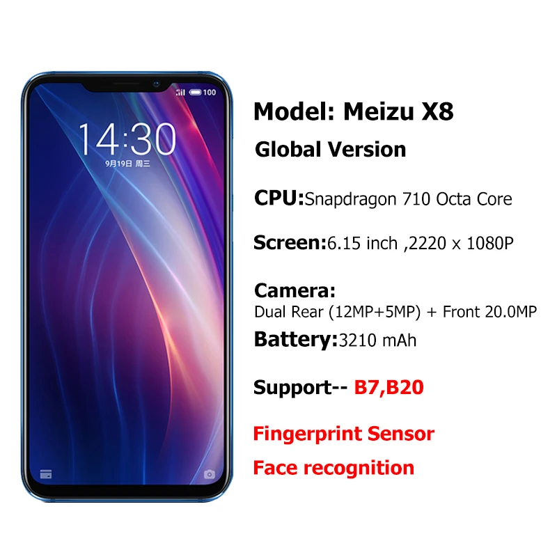 Meizu X8, 4 ГБ, 64 ГБ, глобальная версия, Смартфон Snapdragon 710, четыре ядра, мобильный телефон, фронтальная камера 20 МП, отпечаток пальца