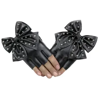 

Fashion Fingerless Gloves Women's PU Leather Gloves Ladies Luvas Dancing Party Show Big Bow Rivet Half finger Mittens