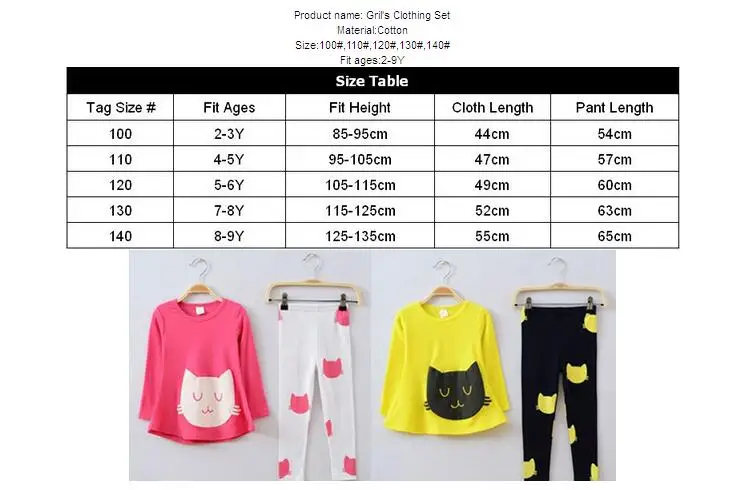 Комплекты одежды для девочек весна-осень детские футболки с длинными рукавами топы С круглым вырезом+ штаны одежда с котом модные комплекты одежды для детей
