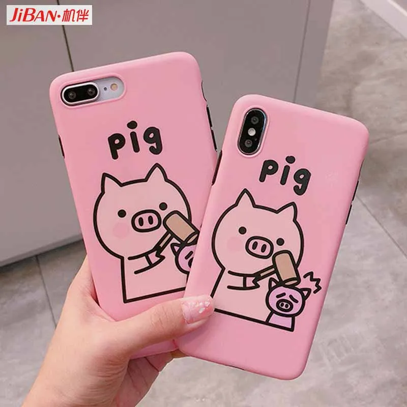 JIBAN Lovely Cartoon Pink hammer pig Phone Back Cover Case for iphone X 6 6s 6plus 7 7plus 8 8plus Soft TPU mobile phone shell |