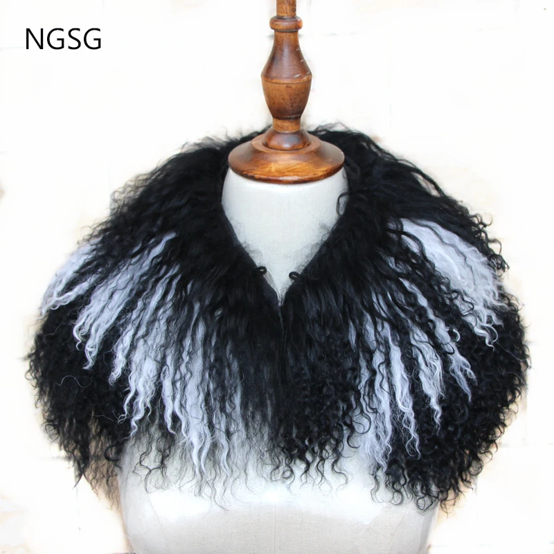 

NGSG Genuine Mongolia Sheep Collar Sandwich White Striped Curly Fur Scarf Women Winter Warm Real Wool Fur Neckerchief Scarves