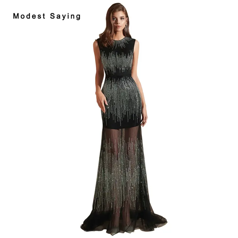 Sexy Shiny Black Mermaid Kralen Avondjurken 2019 See Through Rok Formele Vrouwen Party Prom Jassen vestidos de fiesta de noche Sexy Shiny Black Mermaid Kralen Avondjurken 2019 See Through Rok Formele Vrouwen Party Prom Jassen vestidos de fiesta de noche