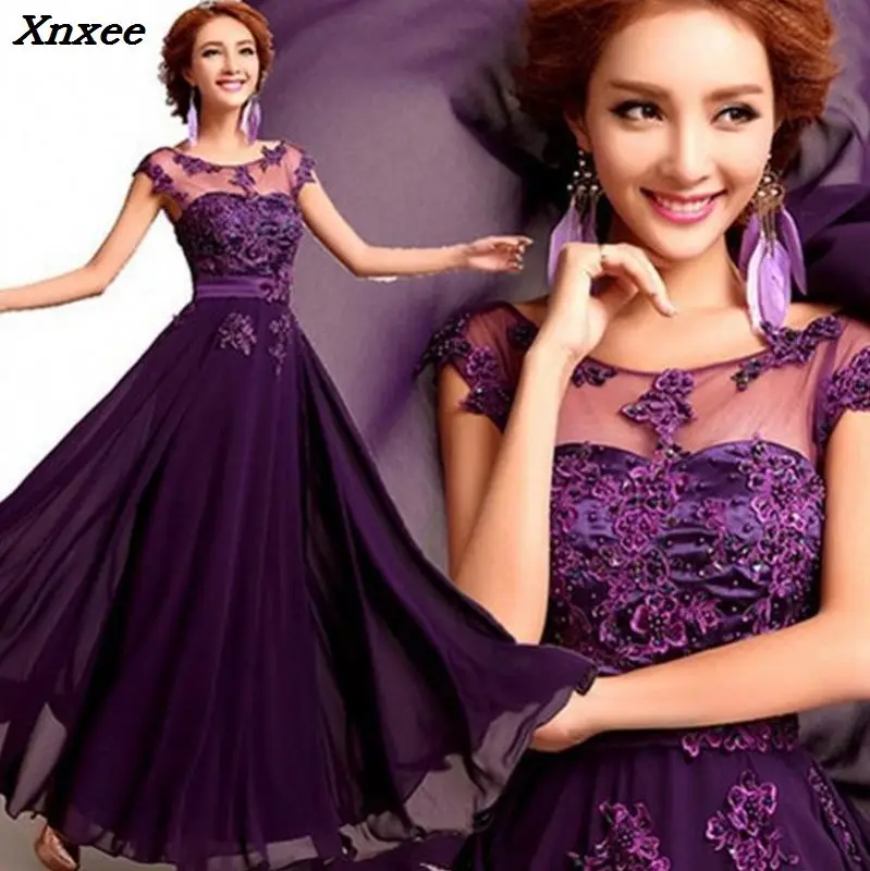 

2018 Elegant Lace Chiffon Long Dress O-neck Appliques Wedding Party Dress Purple/Red/Prom Evening Gowns Maxi Dress Vestidos