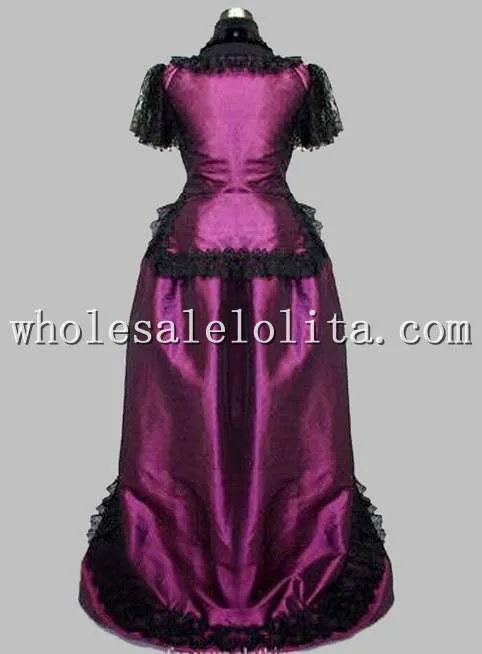 Готический Черный и Фиолетовый Тайский Шелк и Кружева Викторианской Суеты Dress