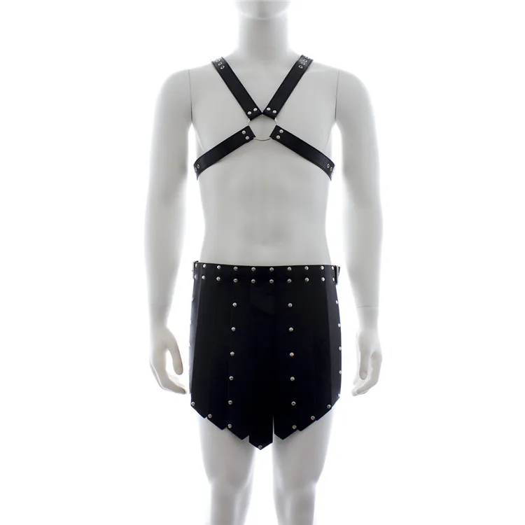 Masculine Fantasy Costume Mens Chest Harness with Barbarian Hula Skirt Male Role Play Playsuit Fetish Costume