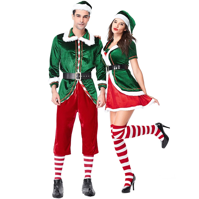 Новинка, Зеленый Бархатный Рождественский костюм Санта-Клауса, костюм для отца, Рождественский костюм для мужчин и женщин, зеленый эльфийский наряд, костюм