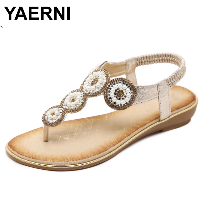

YAERNI Summer Women Flat Sandals Shoes Woman Bohemian Flip Flop Women's Gladiator Ladies String Bead Crystal Beach Sandals 35-42