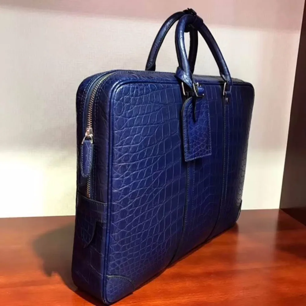 newly production Men's Genuine/Real Crocodile belly Skin Briefcase official Bag, blue Crocodile skin Business Men Bag