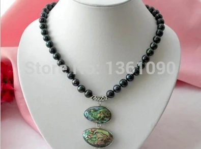 

000529 Beautiful 16" 9-10mm black fw pearl necklace abalone shell