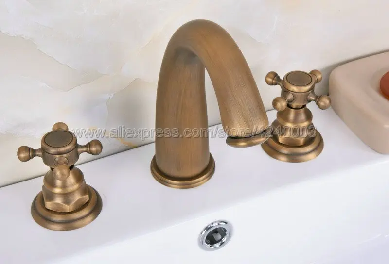 Antique Brass 3 Holes Bathroom Sink Mixer Tap Widespread Basin Faucet Dual Handle Bathroom Basin Faucet Kan080