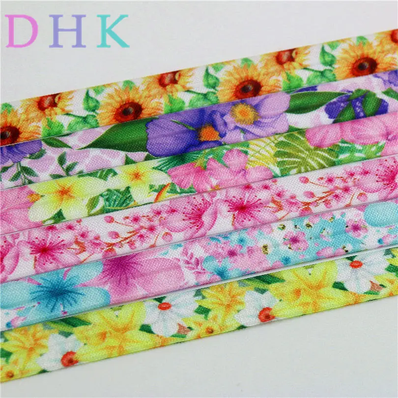 

DHK 5/8'' 5yards flowers sunflower cherry printed Fold Elastic FOE headband headwear hairband DIY decoration OEM C526