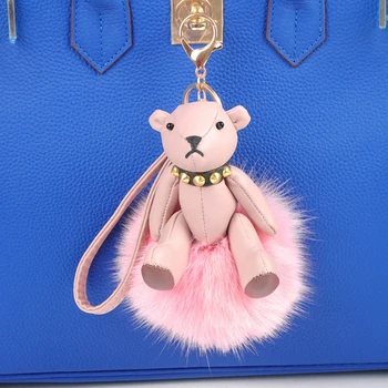 

Leather Bear Toy Fluffy Fox Fur PomPom Keychain Teddy Bear Cute Keychain Leather Rope Charms Bags KeyRing Car Keychain K065-pink