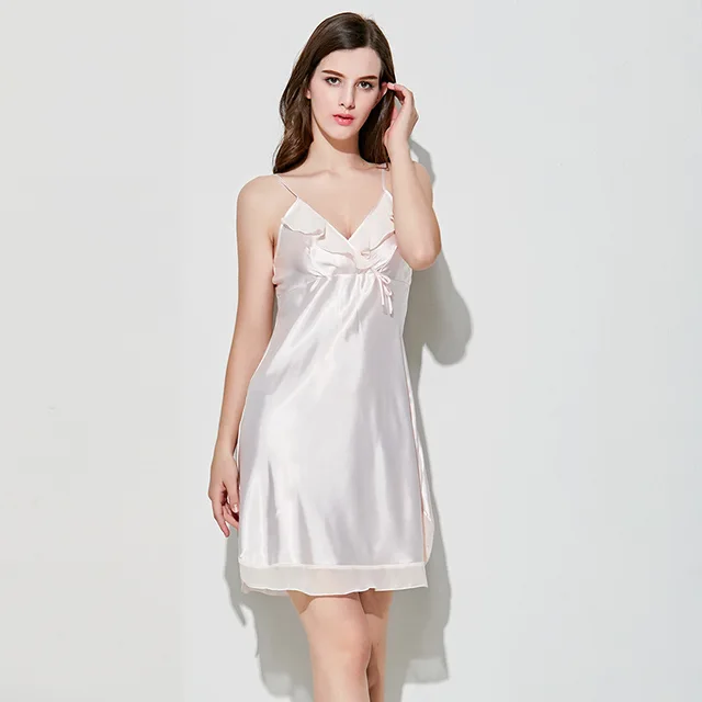 Sexy Silk Satin Night Dress Sleeveless Nighties V Neck Nightgown Solid 