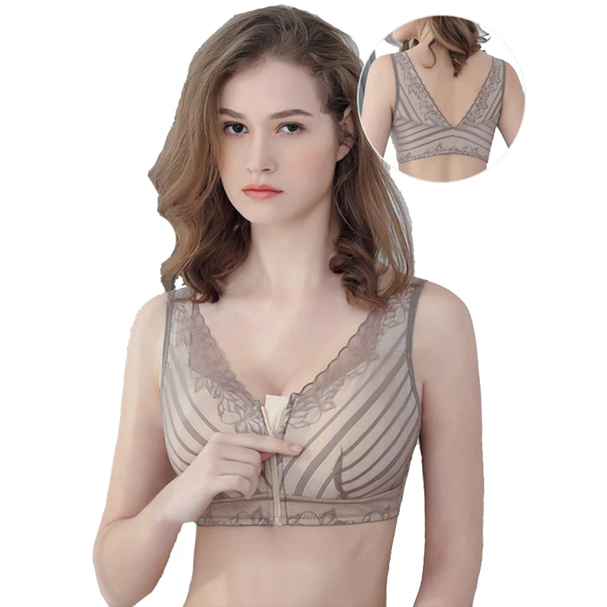 

Baiclothing Womens Lace Floral Front Closure Wire Free Bra Full Coverage Underwear Insertable Padds Lingerie for Woman