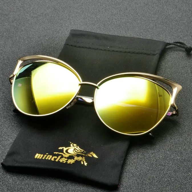 Mincl/ретро солнцезащитные очки Cat Женские Малый мода Треугольник красный зеркало Очки женская черная металлическая рамка FML - Цвет линз: gold lens