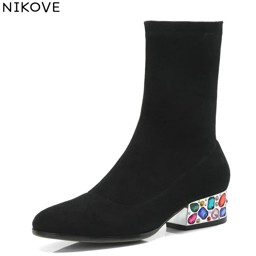 

NIKOVE 2019 Women Square Heels Boots Autumn Shoes Round Toe Mid-calf Boots Med Heels Slip on Elegant Boots Woman Size 34-39