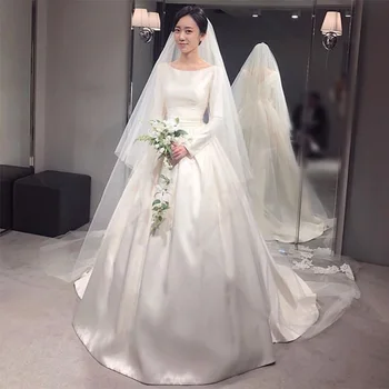 

New Simple Ball Gown Satin Modest Wedding Dresses With Long Sleeves v Back Eleagnt Vintage Bridal Gowns Custom Made