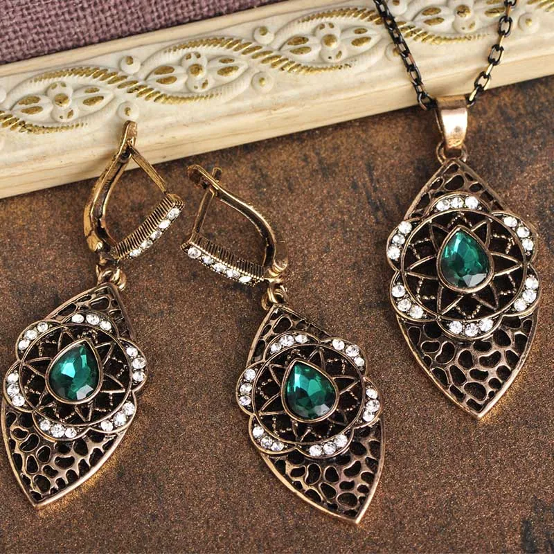 Blucome турецкий Винтаж зеленый цветок ожерелье серьги смолы ювелирные наборы длинный кулон кристалл женские свадебные аксессуары