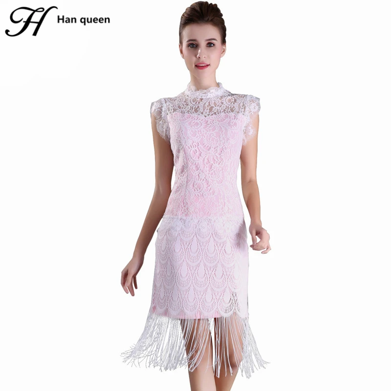 

H Han Queen 2 piece Women Elegant Sexy Lace Hollow Out Jacquard Mesh Tassel Girl Chic Casual Beach Party Club Vestido Dress