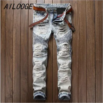 

AILOOGE 2017 Design Fashion Men Biker Jeans Slim ripped Straight Denim Balmai Jeans Men Elastic Skinny Mens Motorcycle Jeans