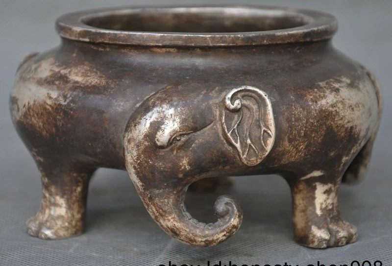 

6" Old Tibet Temple Silver Buddhism elephant head statue incense burner Censer A