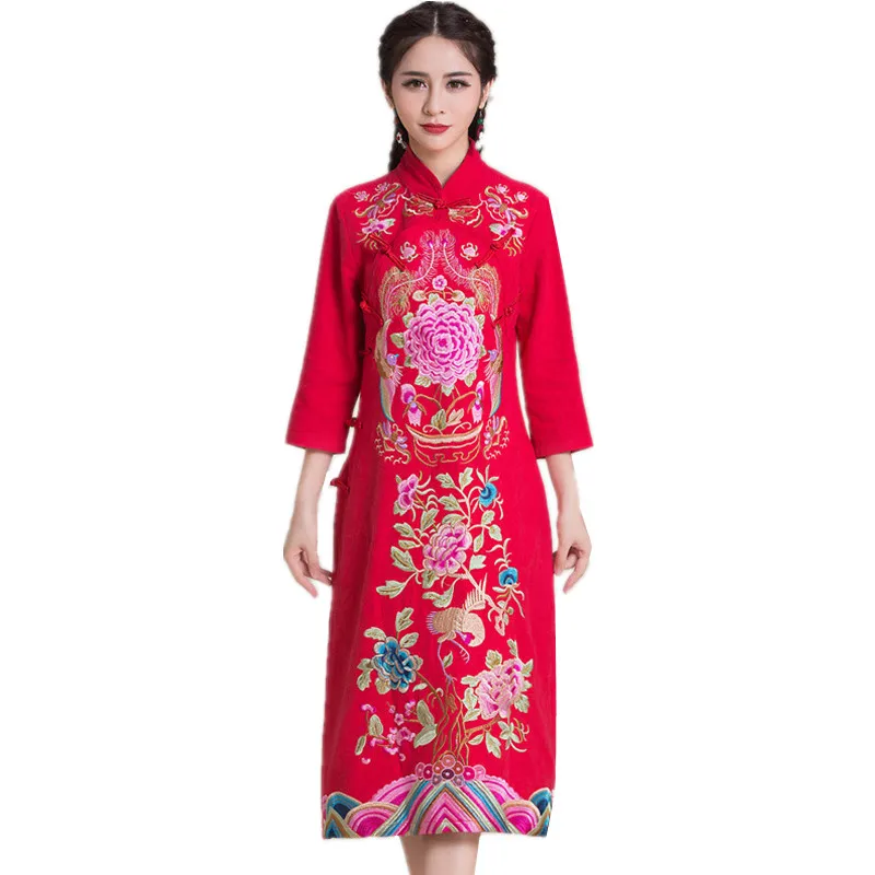 

Spring Autumn Fashion Women Embroidery Cheongsam Dress Casual Brand Qaulity Style Clothing Vintage Ropa Mujer Vestidos De Festa