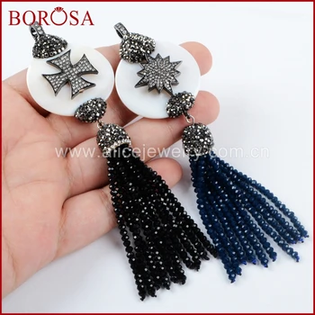 

BOROSA White Shell with Beads Tassel Pendant CZ Micro Pave Cross/Star Pattern Round Shape Drusy Pendants Mixed Colors JAB823