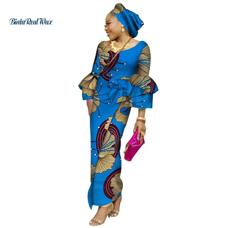 Африканские платья для женщин Базен Riche 100% хлопок бант-галстук оборки рукав принт Длинные вечерние платья африканская одежда WY3608