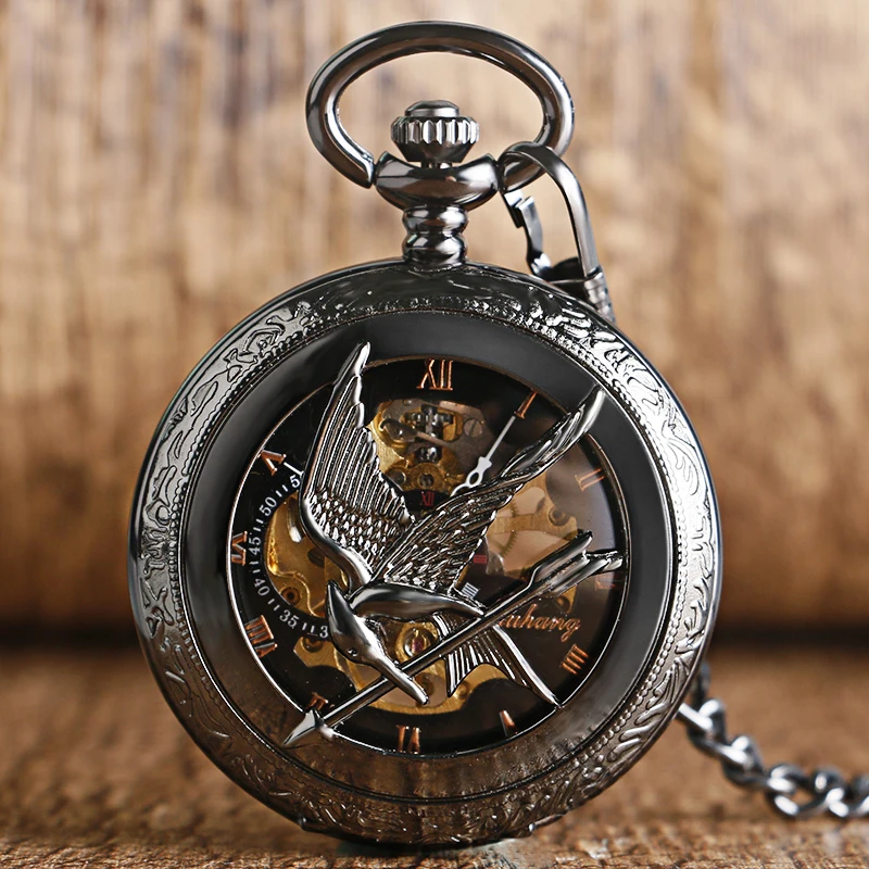 

2016 New Arrival The Hunger Games Black Mockingbird Hollow Pocket Watch Mechanical Hand Wind Fob Watch Vintage Pendant Chain
