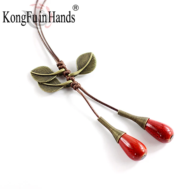 

2018 New Arrival Vintage Colorful Leaf Pendant Statement Red and Blue Beads Long Necklace Women OL Spring Sweater Chain Gift