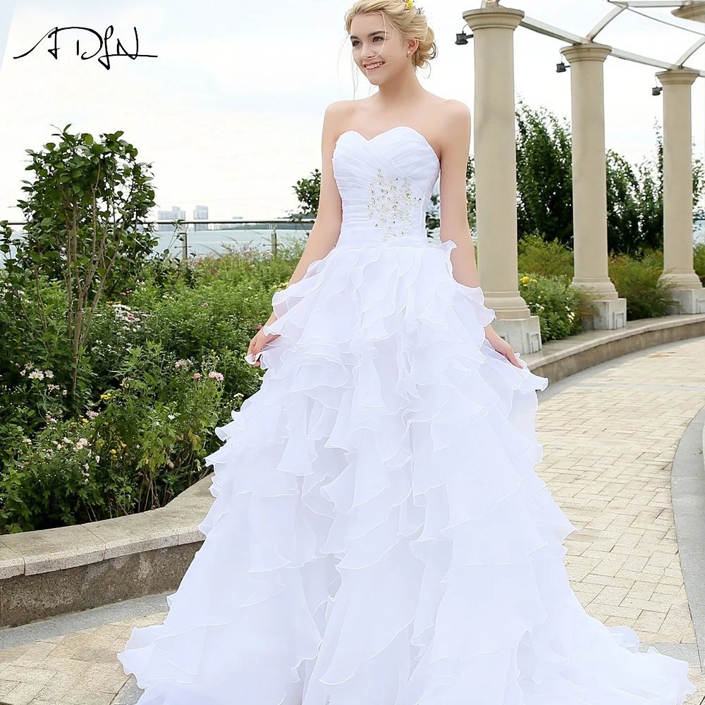ADLN Stock Ball Gowns White Ivory Organza Wedding Dresses with Ruffles