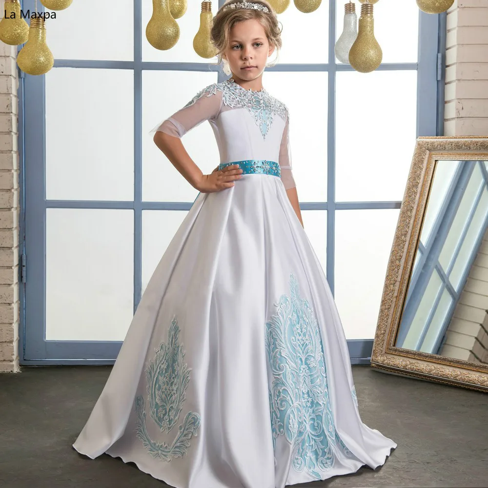 

Children's Party Dress Girl's Wedding Dress Baby White Lace Gifts Bow Handmade Long Dress Long Sleeve Performance Host Dresses