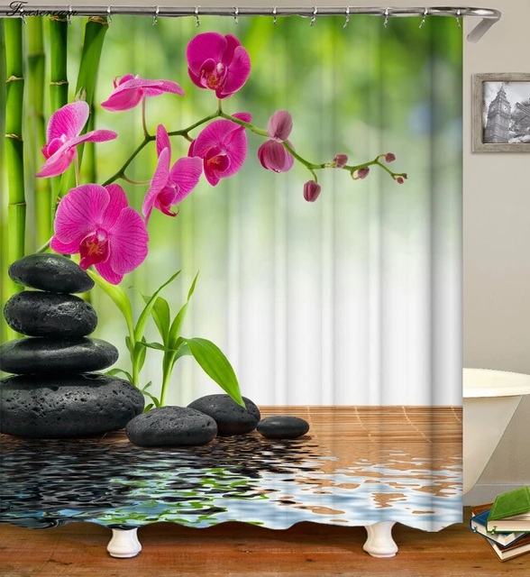 Zen shower curtains bathroom curtain Home Decor Green Yellow Zen Garden Theme Bamboo Waterproof