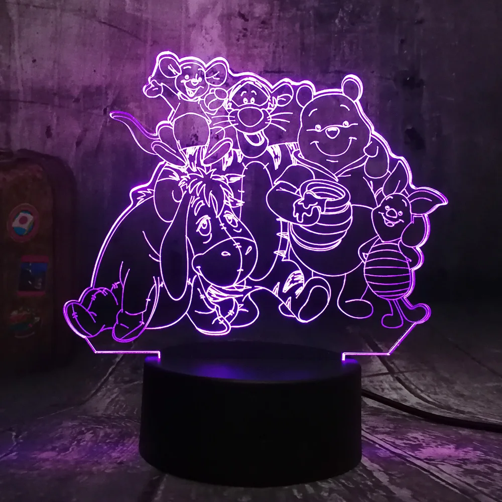 Большой семейный милый 3D светодиодный ночник с изображением медвежонка Винни Иа тигра, 7 цветов, Настольный светильник, домашний декор, рождественский подарок для детей