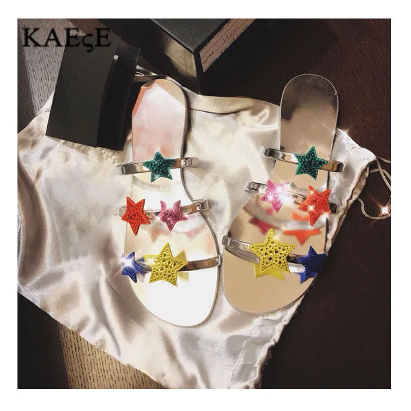 

2019 Summer Colorful Star Rhinestone Slide Sandals Beach Flat Slippers Women's Open Toe Semelle Antiderapant Chaussure Femme