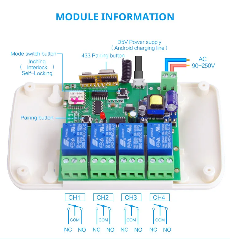 WI-FI выключатель 5 V/dc7-32v 4-полосная реле rf получают перекидывание самоблокирующийся беспроводной пульт дистанционного управления для модули для автоматизации умного дома