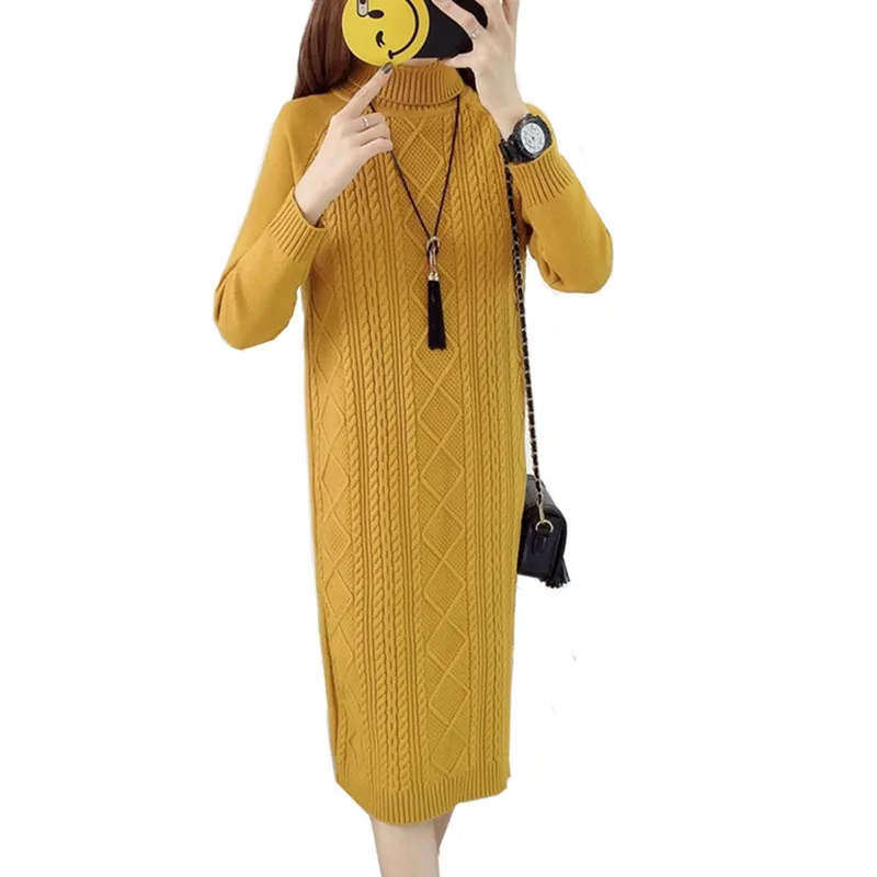 

Autumn Winter Turtleneck Sweater Dress Women Clothing 2019 Long Knitted Pullover Sweater Female Jumper Loose Warm Dresses AA519