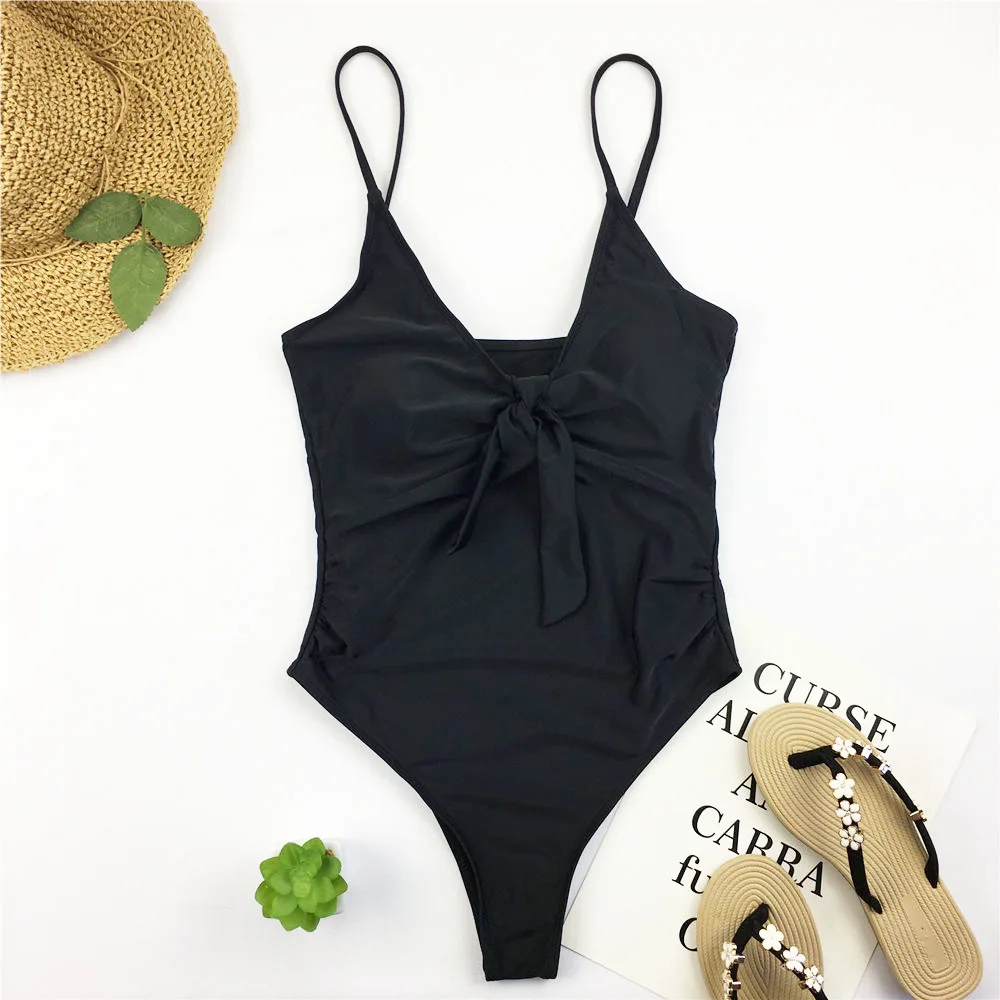 

Bow One Piece Swimsuit Solid Swimwear Women High Cut Monokini Open Back Trikini Black Bathing Suit Pad Swim Suits Push Up Beach