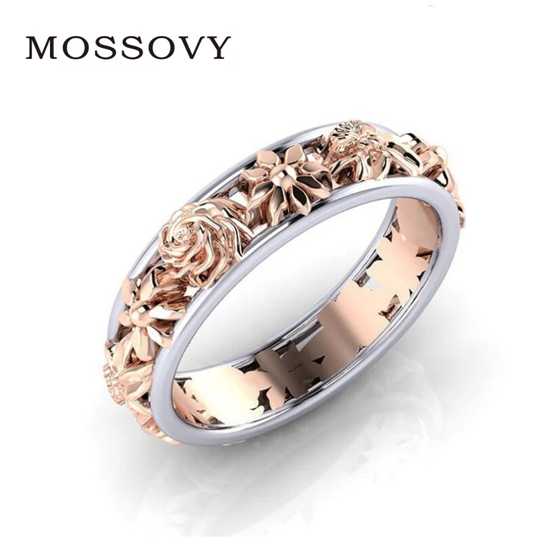 

Mossovy Creative Flower Rose Gold Color Ring Charms Delicate Accessories Cocktail Ring Fashion Jewelry Bijoux Gift for Women