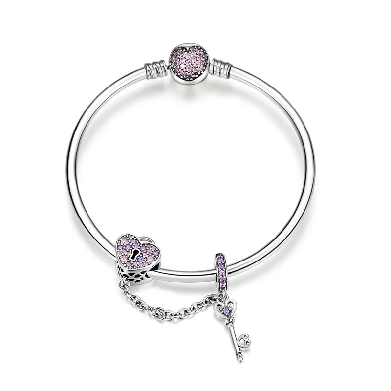 

ABAY 2019 Authentic 925 Sterling Silver Love Key Heart Shape Bracelets Bangles for Women Purple Zircon Valentine Gift Jewelry