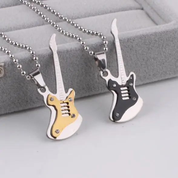 

free shipping Black gold Stereo carving Guitar pendant necklaces bead chain men 316L Stainless Steel necklace wholesale